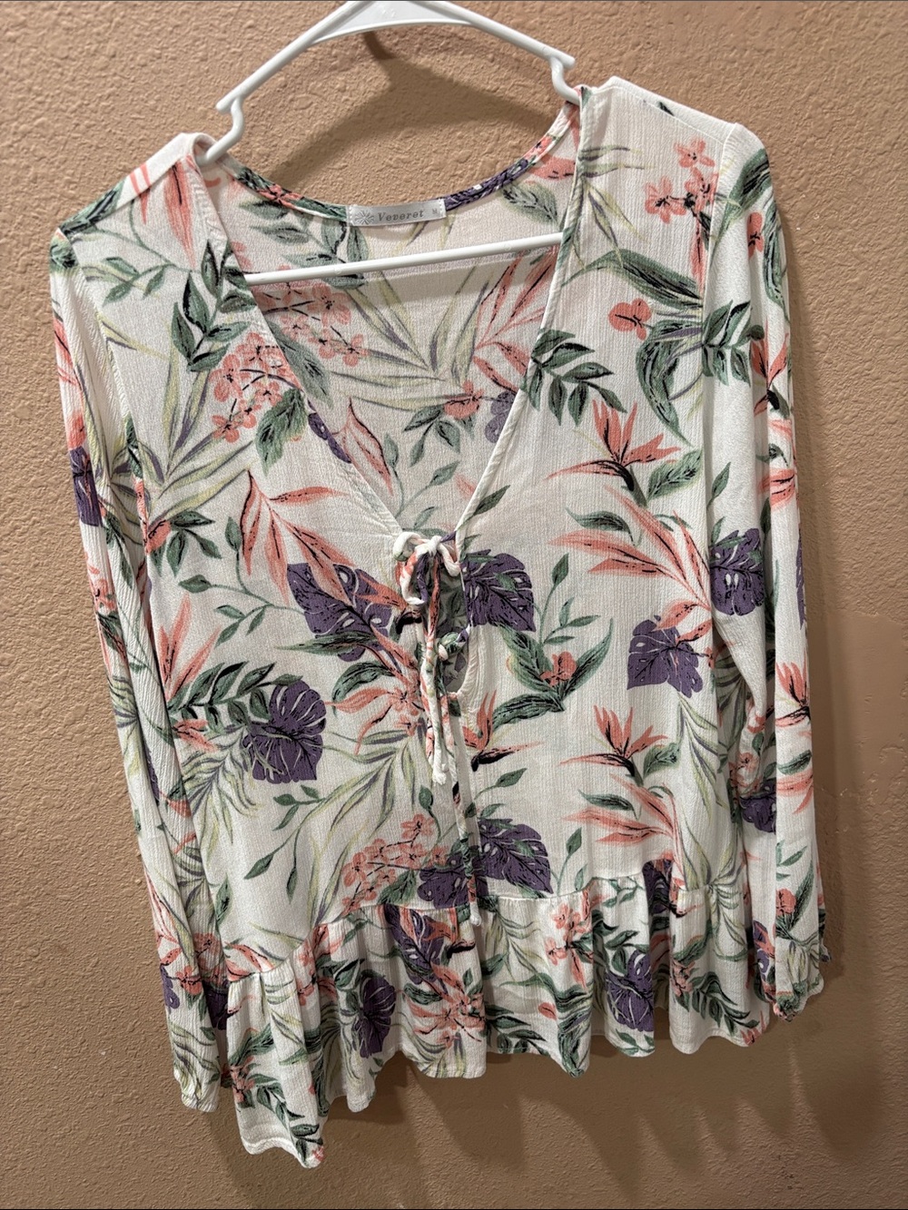 Veveret, Bohemian Floral Tie-Front Peasant Blouse, size M